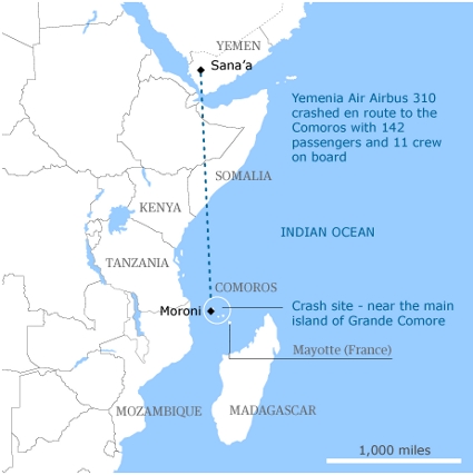 Yemenia Airbus A310 Plane Crash Route Map Picture
